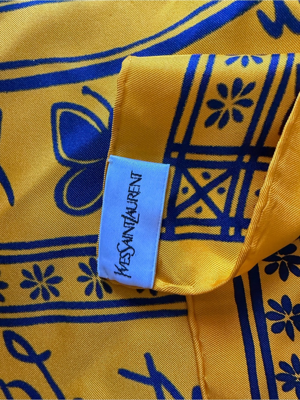 Vintage Yves Saint Laurent Silk Scarf Yellow and Cobalt sailboat heart butterfly - Picture 6 of 7